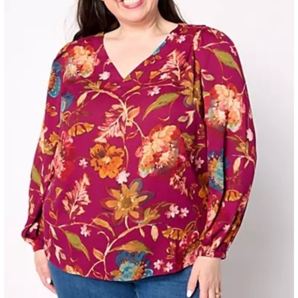 Belle Boho Kim Gravel Floral V-Neck Blouse XL Burgundy Long Sleeve